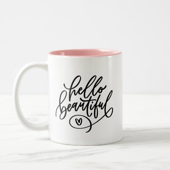 Hello Beautiful Hand Lettered Two-Tone Coffee Mug (Left)