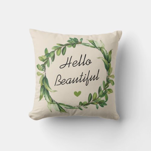 Hello Beautiful Handsome Greenery Leaf Wreath Chic Throw Pillow