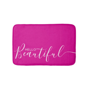 Hello Beautiful Hot Pink White Typography Modern Bath Mat