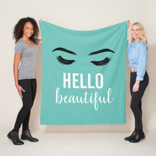 Hello Beautiful Lashes Eyelash Makeup Artist Teal Fleece Blanket