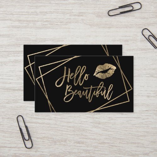 Hello beautiful lips gold script geometric black business card