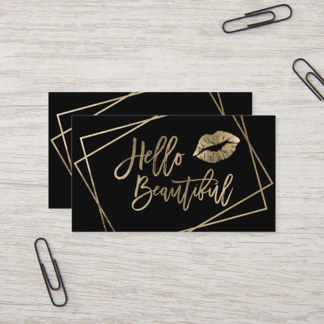 Hello beautiful lips gold script geometric black business card (Front/Back In Situ)