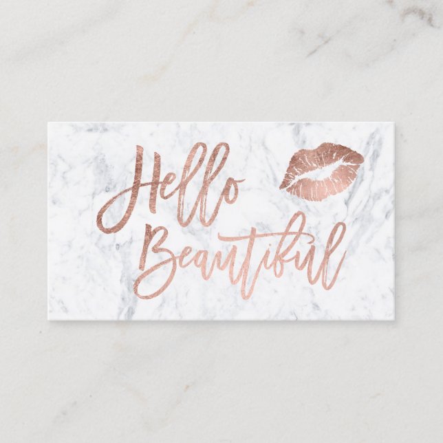Hello beautiful lips rose gold foil script marble business card (Front)