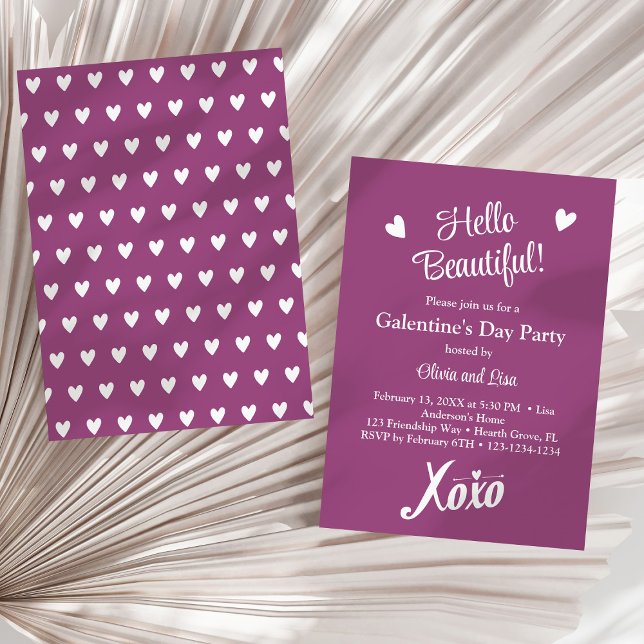 Hello Beautiful! Magical Purple XOXO Girls' Party Invitation (Hello Beautiful! Magical Purple XOXO Girls' Party Invitation on a neutral dry palm leaf.)