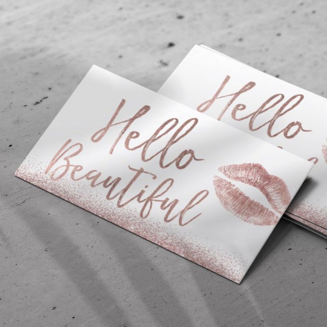 Hello Beautiful Makeup Artist Rose Gold Typography Business Card (Creator Uploaded)