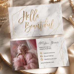 Hello Beautiful Makeup Artist Salon Photo Marble Foil Business Cards