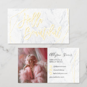 Hello Beautiful Makeup Artist Salon Photo Marble Foil Business Cards