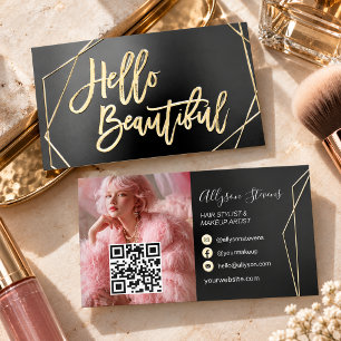 Hello Beautiful Makeup Artist Salon Photo QR code Foil Business Cards