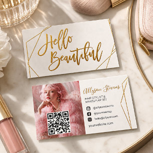 Hello Beautiful Makeup Artist Salon Photo QR code Foil Business Cards