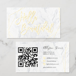 Hello Beautiful Makeup Artist Salon QR Marble Foil Business Cards