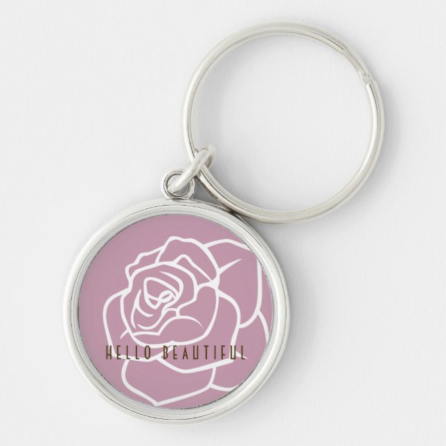 Hello Beautiful - Modern Chic Floral Pink Rose Keychain (Front)