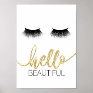 Hello Beautiful Modern Lashes Gold Script Salon Poster