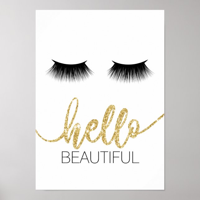 Hello Beautiful Modern Lashes Gold Script Salon Poster (Front)