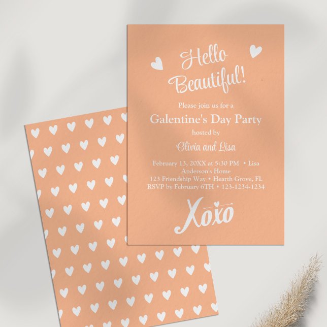 Hello Beautiful! Peach XOXO Galentine's Day Party Invitation (Hello Beautiful! Peach XOXO Galentine's Day Party Invitation on a white table.)