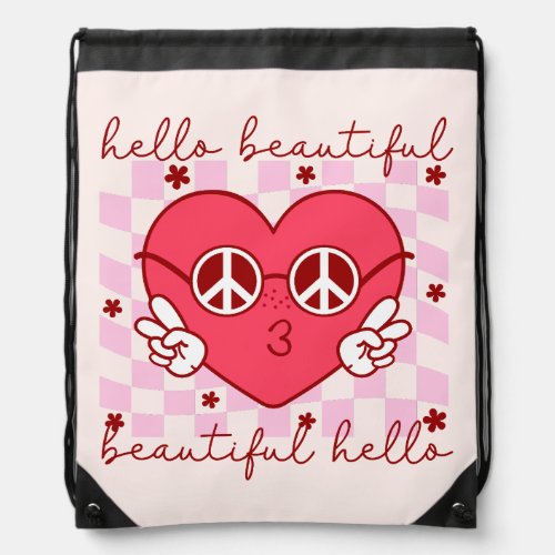 Hello Beautiful Pink Heart Drawstring Bag