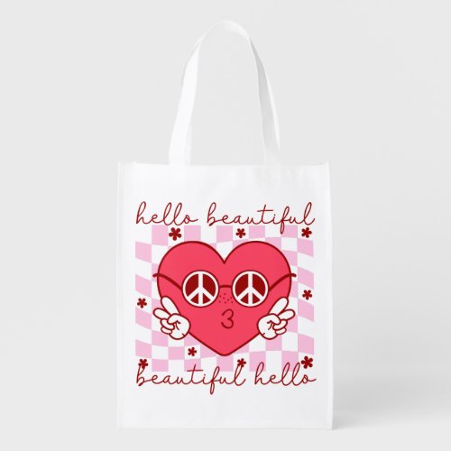 Hello Beautiful Pink Heart Grocery Bag