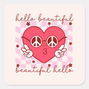Hello Beautiful Pink Heart Square Sticker