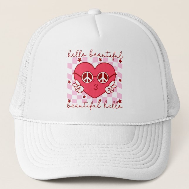 Hello Beautiful Pink Heart Trucker Hat (Front)