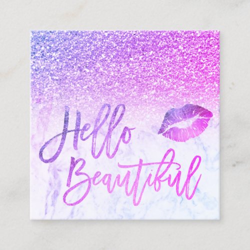 Hello beautiful pink purple glitter ombre marble square business card