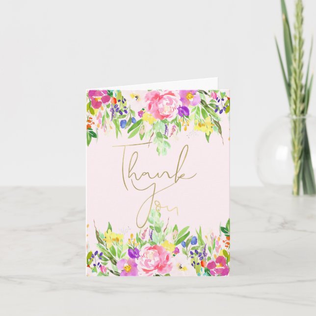 Hello Beautiful Pink Watercolor Floral thank you Card (Front)