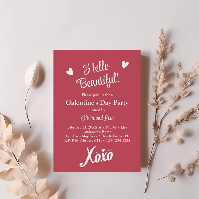 Hello Beautiful! Pink XOXO Galentine's Day Party Invitation (Hello Beautiful! Pink XOXO Galentine's Day Party Invitation on a table with soft pink dry flowers.)