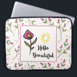 Hello Beautiful Pretty Pink Orange Wildlflower Laptop Sleeve<br><div class="desc">A laptop sleeve with a square frame and a pink border, inside it says "Hello Beautiful" written in a trendy font with a doodled yellow sun above the text. Also a pretty pink, long stem flower with green leaves off to the side. The backdrop is a seamless pattern with hand...</div>
