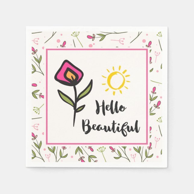 Hello Beautiful Pretty Pink Orange Wildlflower Paper Napkins (Front)