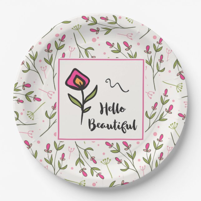 Hello Beautiful Pretty Pink Orange Wildlflower Paper Plates (Front)