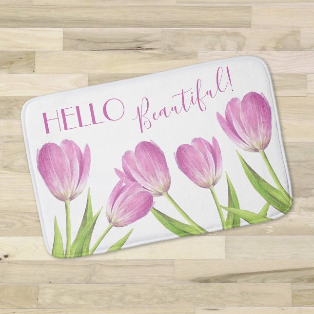 Hello beautiful Pretty pink Tulips Elegant Floral Bath Mat (Creator Uploaded)