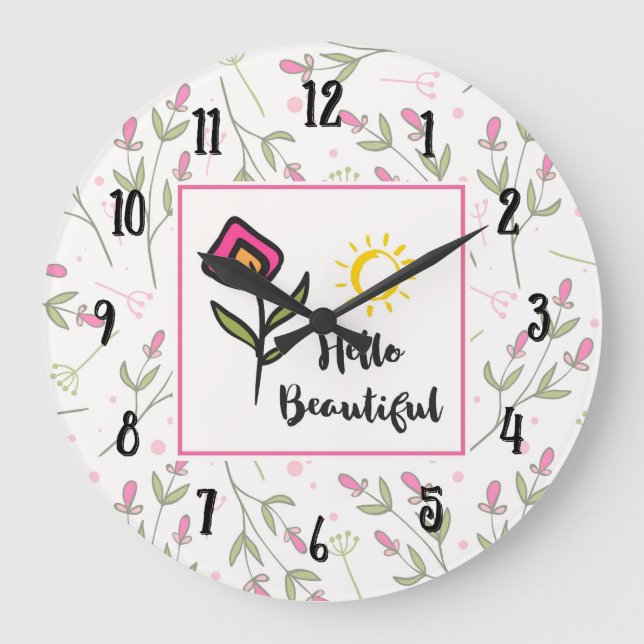 Hello Beautiful Pretty Wildlflowers and Sun Large Clock (Front)