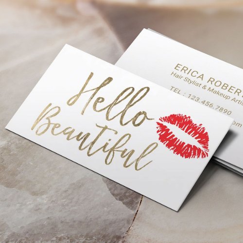 Hello Beautiful Red Lipstick Kiss Makeup Artist Business Card