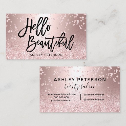 Hello beautiful rose gold glitter metal confetti business card | Zazzle