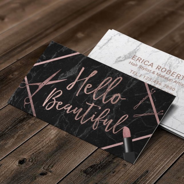 Hello Beautiful Rose Gold Script Marble Salon Business Card (Creator Uploaded)