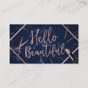 Hello Beautiful Rose Gold Script Navy Marble Salon Business Card
