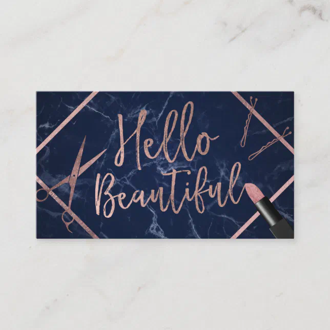 Hello Beautiful Rose Gold Script Navy Marble Salon Business Card | Zazzle