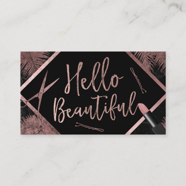 Hello Beautiful Rose Gold Script Tropical Leaves Business Card (Front)