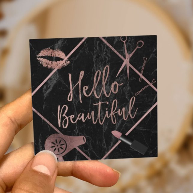 Hello Beautiful Rose Gold Typography Marble Salon Square Business Card (Creator Uploaded)