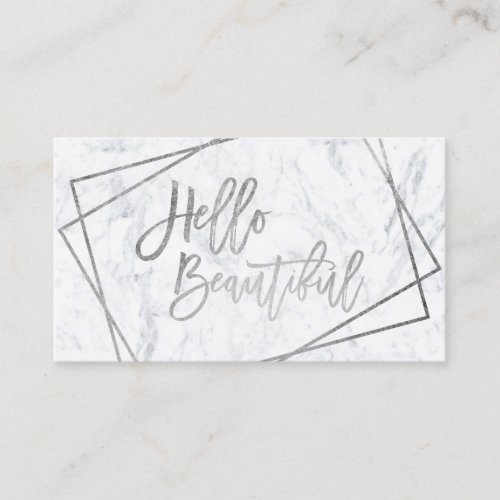 Hello beautiful silver script geometric marble business card