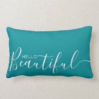Hello Beautiful Teal White Minimalist Lumbar Pillow