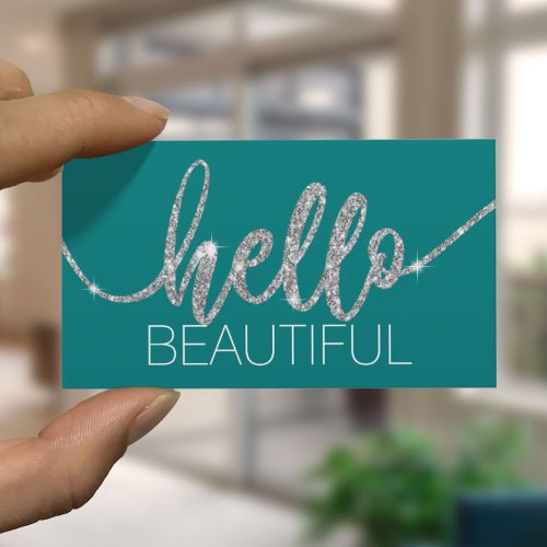 Hello Beautiful Typography Beauty Salon Turquoise Business Card