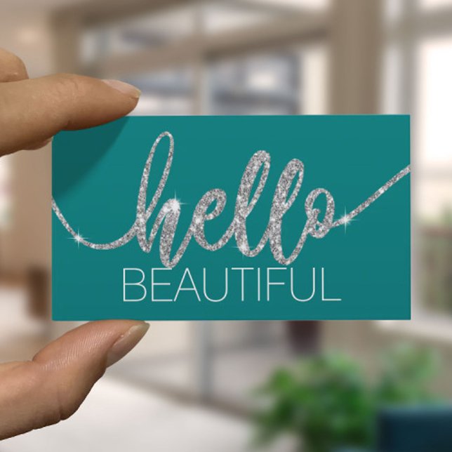 Hello Beautiful Typography Beauty Salon Turquoise Business Card (Creator Uploaded)