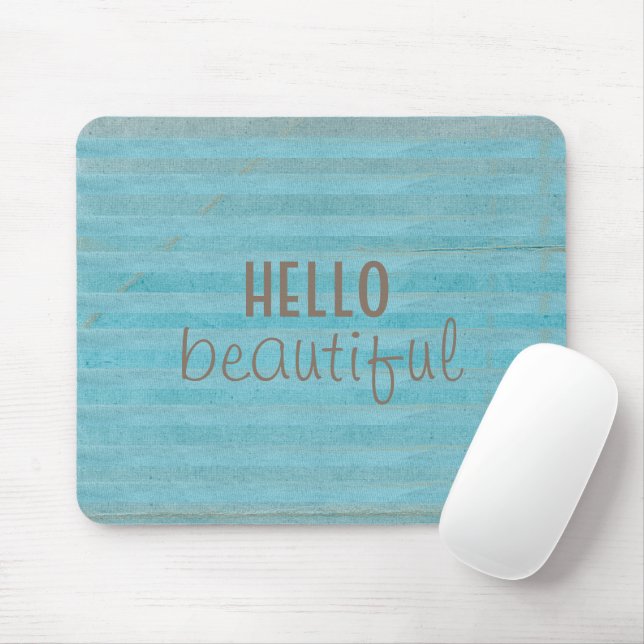 Hello Beautiful Typography Blue Teal Stripes Mouse Pad (With Mouse)
