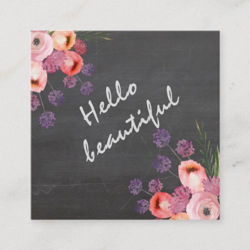 Hello beautiful typography chalkboard boho floral square business card