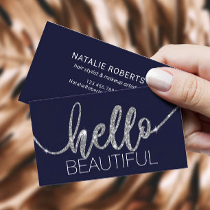 Hello Beautiful Typography Navy Blue Beauty Salon Business Card