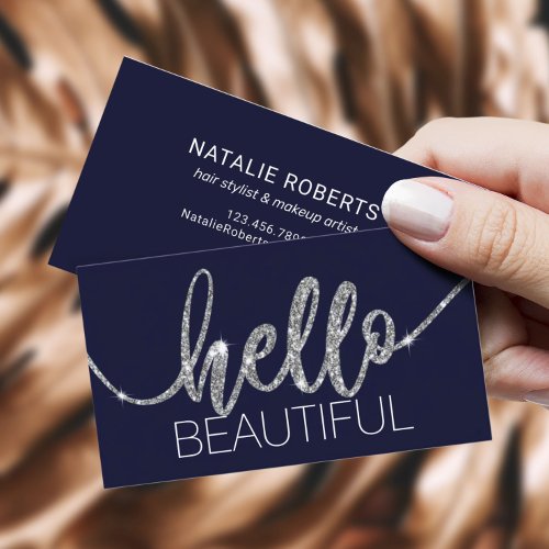 Hello Beautiful Typography Navy Blue Beauty Salon Business Card