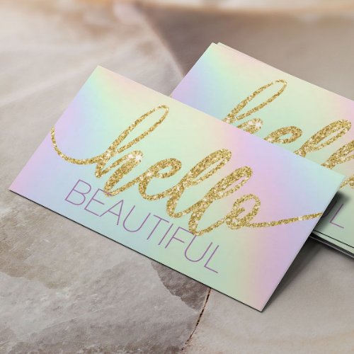 Hello Beautiful Typography Pastel Holographic Business Card