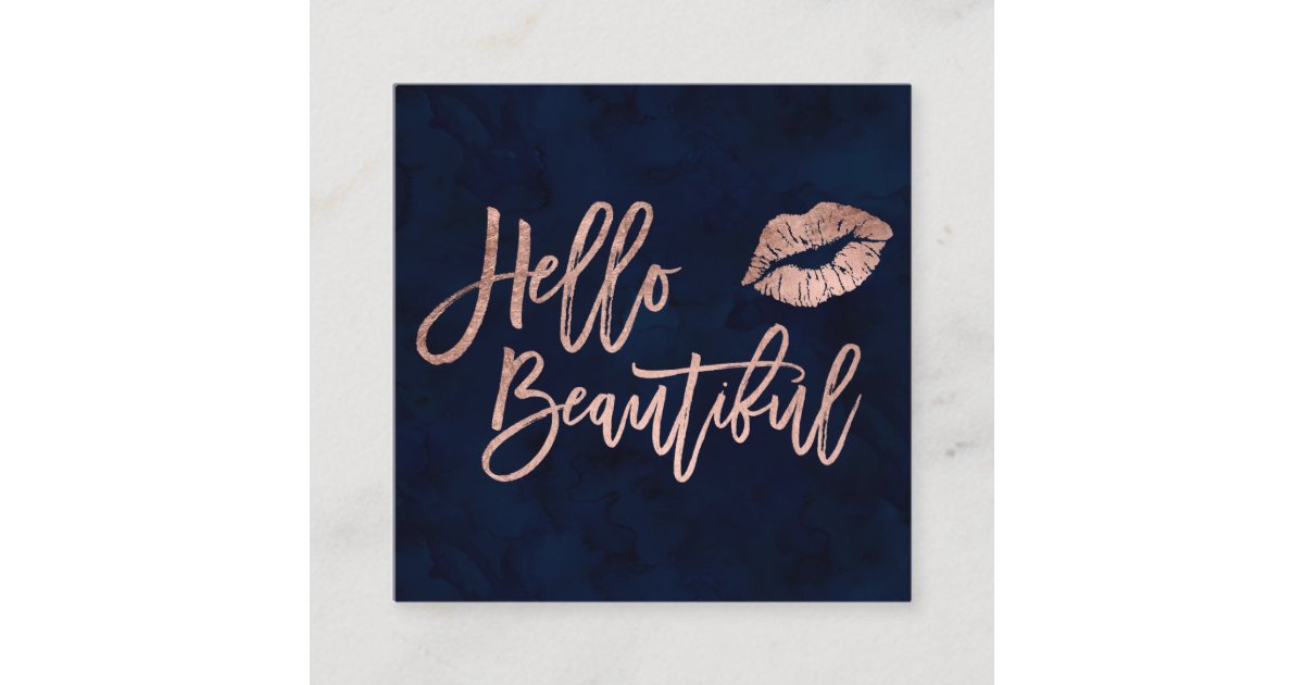 Hello beautiful typography rose gold kiss blue square business card ...