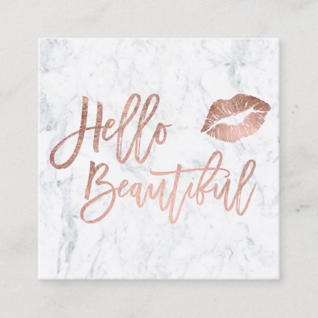 Hello beautiful typography rose gold kiss marble square business card (Front)