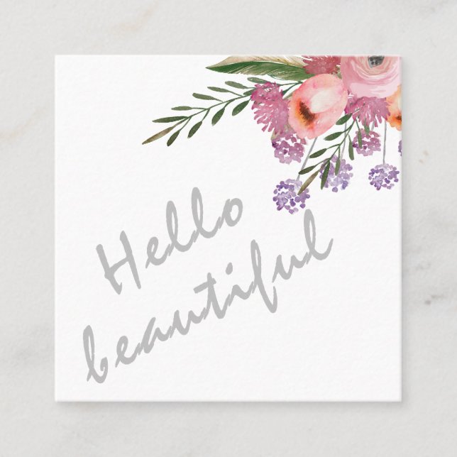 Hello beautiful typography trendy boho floral square business card (Front)