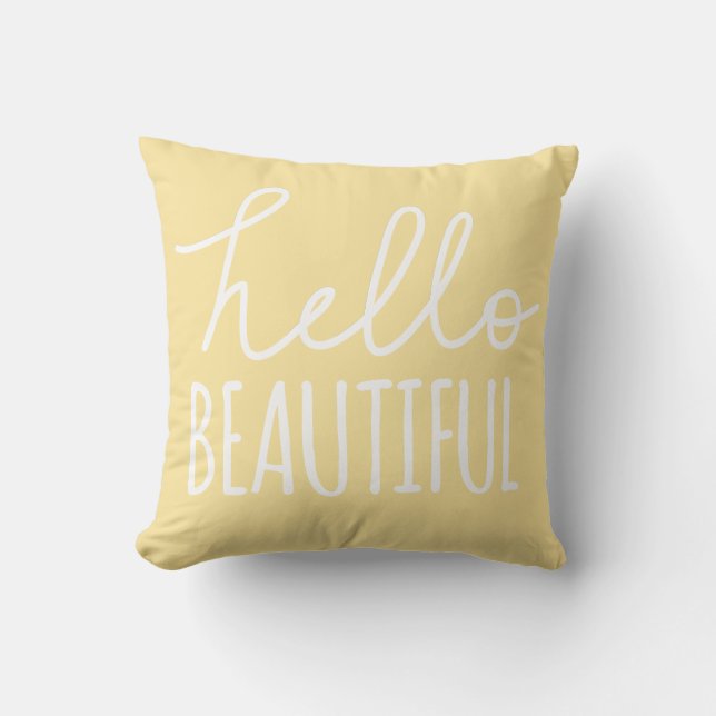 Hello Beautiful Typography Whimsical Girly Yellow Throw Pillow (Front)